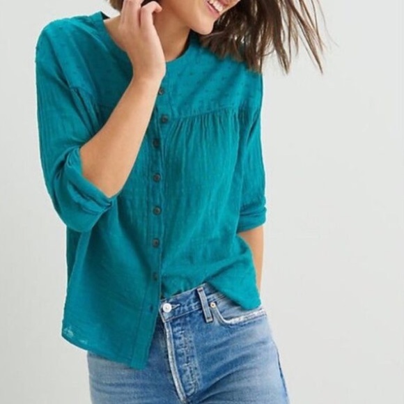 Pilcro Anthropologie Women Top Small Teal Blue Peasant Boho Mila Draped - Picture 1 of 10
